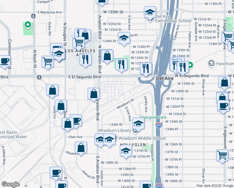 map of restaurants, bars, coffee shops, grocery stores, and more near 13028 Central Avenue in Hawthorne