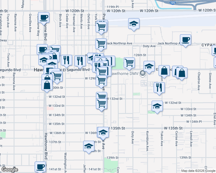 map of restaurants, bars, coffee shops, grocery stores, and more near 12935 Roselle Avenue in Hawthorne
