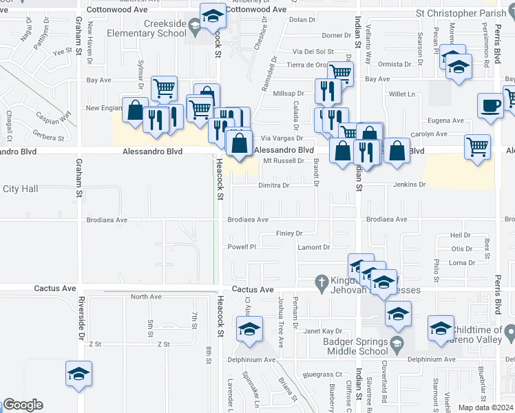 map of restaurants, bars, coffee shops, grocery stores, and more near 14203 Toby Court in Moreno Valley
