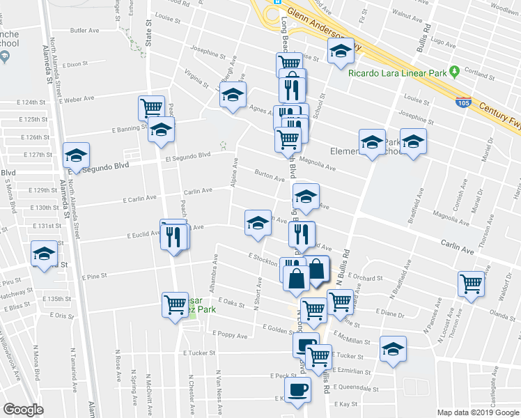 map of restaurants, bars, coffee shops, grocery stores, and more near 3265 Palm Avenue in Lynwood