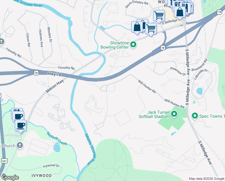 map of restaurants, bars, coffee shops, grocery stores, and more near 3001-3079 Will Hunter Road in Athens