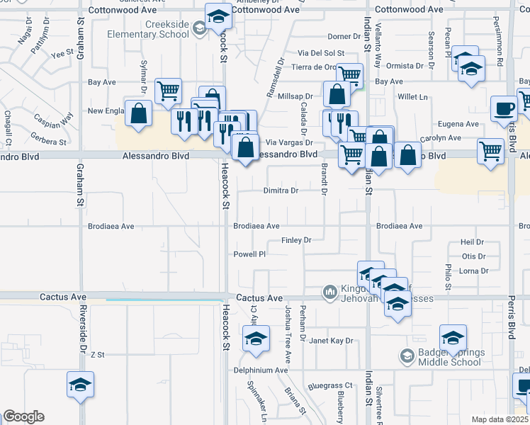 map of restaurants, bars, coffee shops, grocery stores, and more near 14203 Toby Court in Moreno Valley