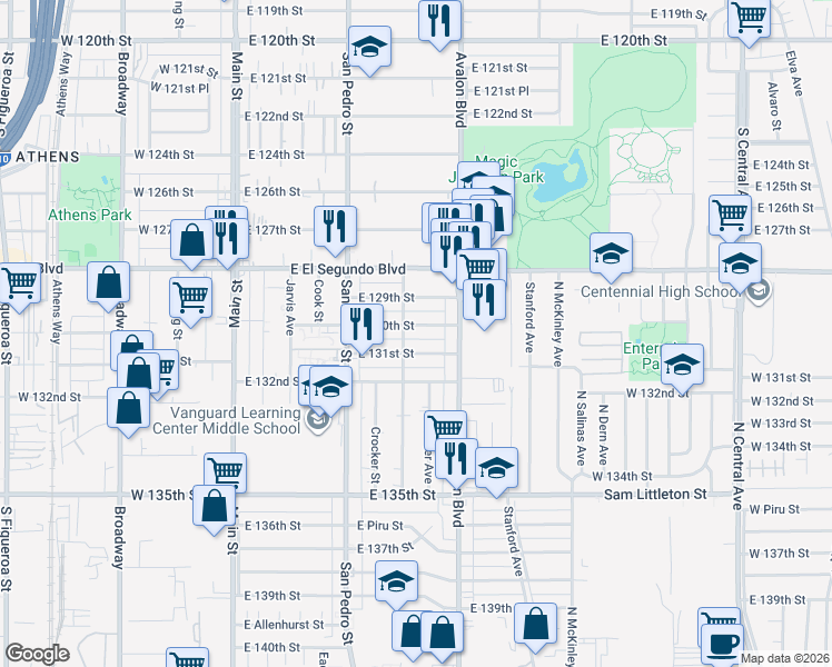 map of restaurants, bars, coffee shops, grocery stores, and more near 357 East 130th Street in Los Angeles