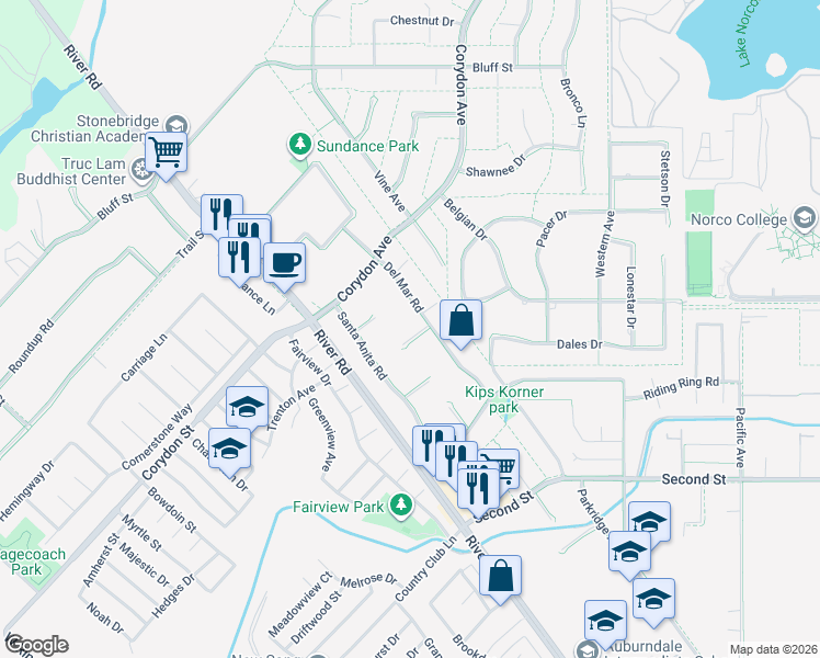 map of restaurants, bars, coffee shops, grocery stores, and more near 2416 Hialeah Circle in Norco