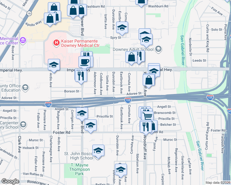 map of restaurants, bars, coffee shops, grocery stores, and more near 9922 Cheddar Street in Downey