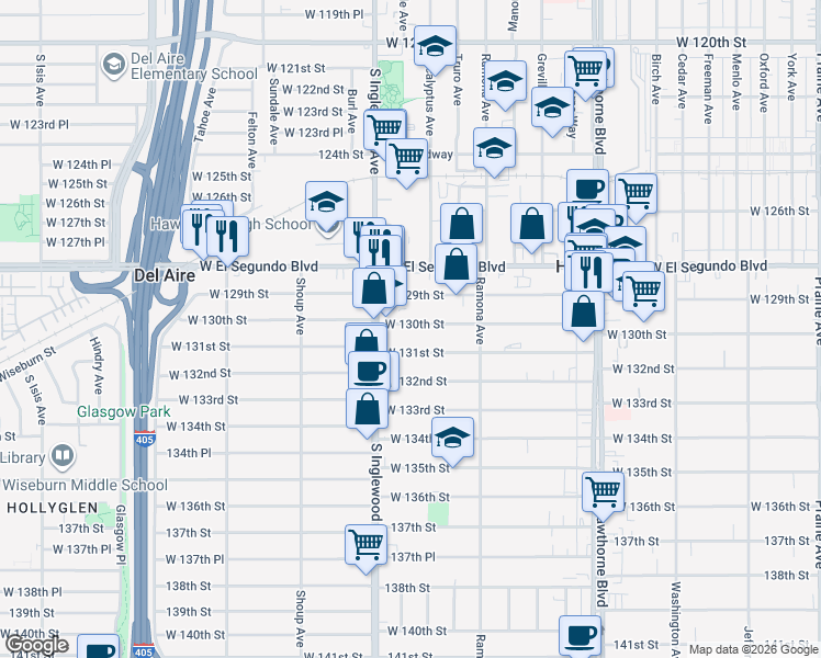 map of restaurants, bars, coffee shops, grocery stores, and more near 4734 West 130th Street in Hawthorne