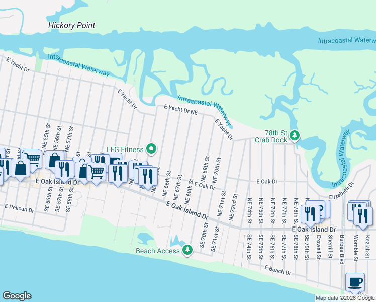 map of restaurants, bars, coffee shops, grocery stores, and more near 236 NE 67th St in Oak Island