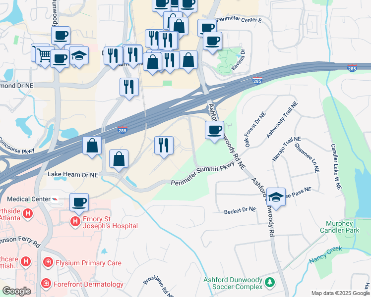 map of restaurants, bars, coffee shops, grocery stores, and more near Perimeter Summit Boulevard in Brookhaven