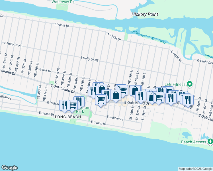 map of restaurants, bars, coffee shops, grocery stores, and more near 202 Northeast 50th Street in Oak Island