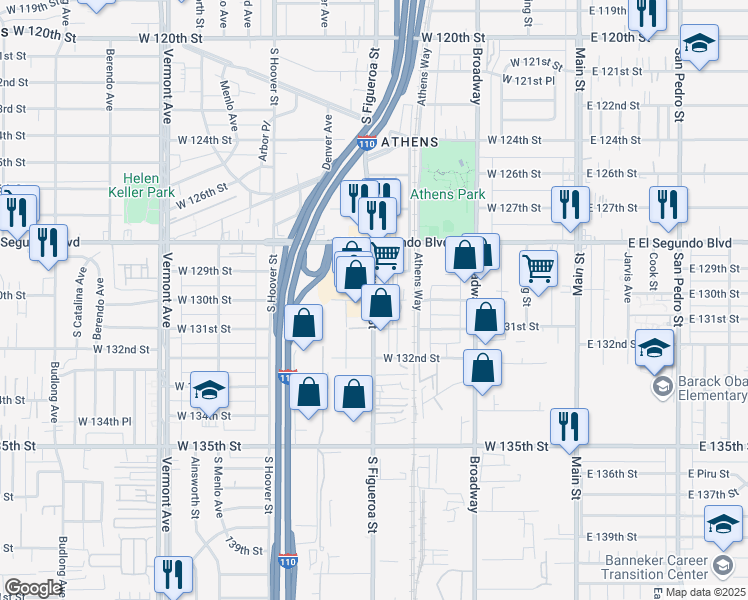 map of restaurants, bars, coffee shops, grocery stores, and more near South Figueroa Street in Los Angeles County
