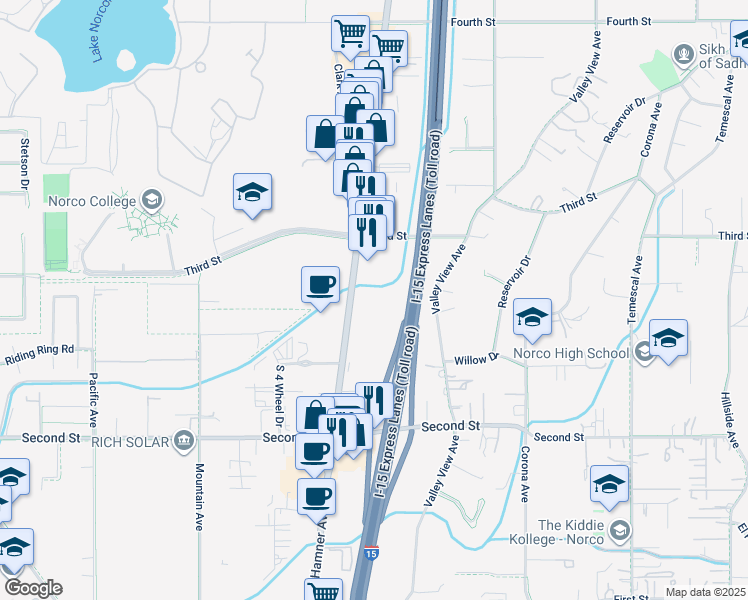 map of restaurants, bars, coffee shops, grocery stores, and more near 2259 Hamner Avenue in Norco