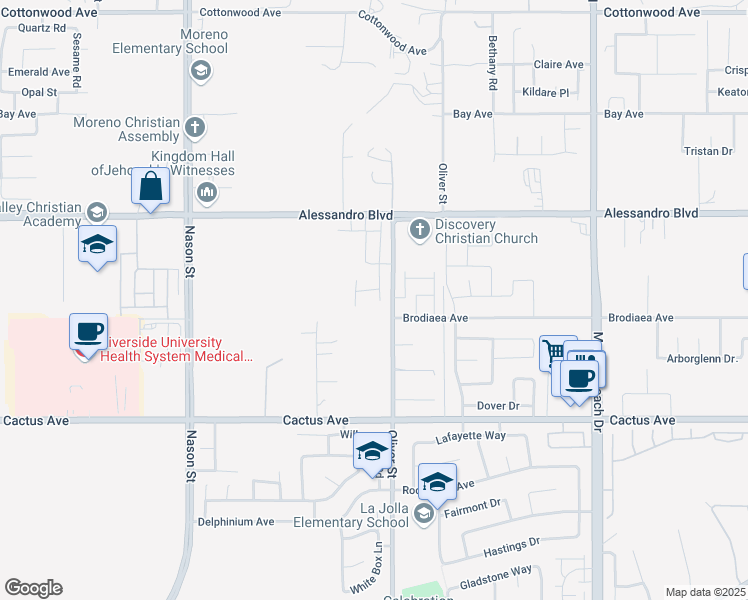 map of restaurants, bars, coffee shops, grocery stores, and more near in Moreno Valley
