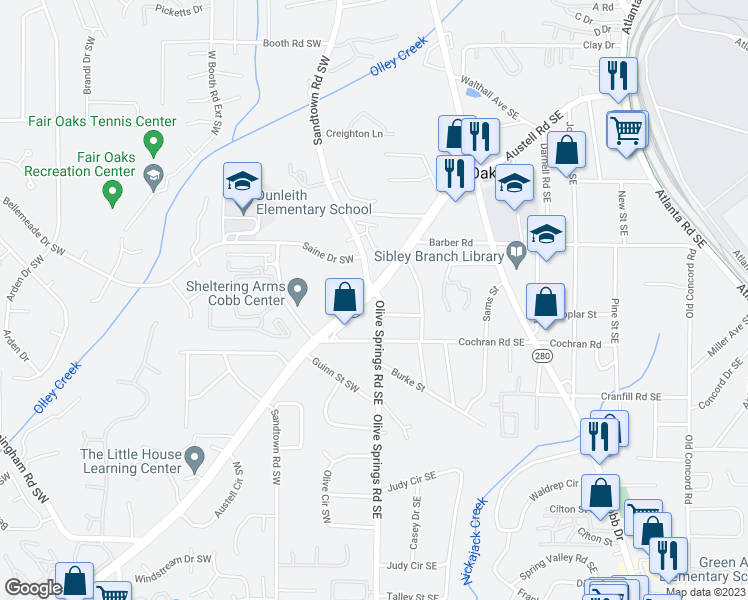map of restaurants, bars, coffee shops, grocery stores, and more near 123 Saine Drive Southwest in Marietta