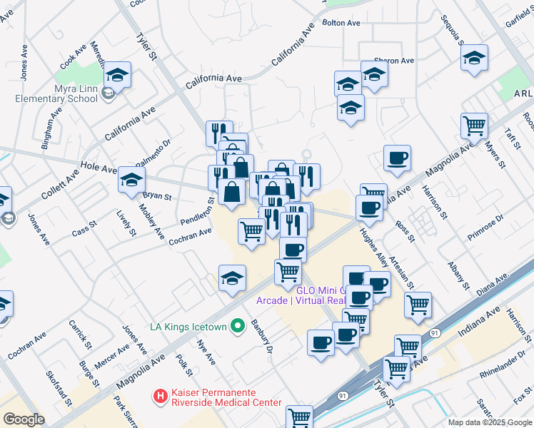 map of restaurants, bars, coffee shops, grocery stores, and more near 3975 Tyler Street in Riverside