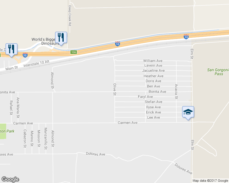 map of restaurants, bars, coffee shops, grocery stores, and more near Olive Street in Cabazon