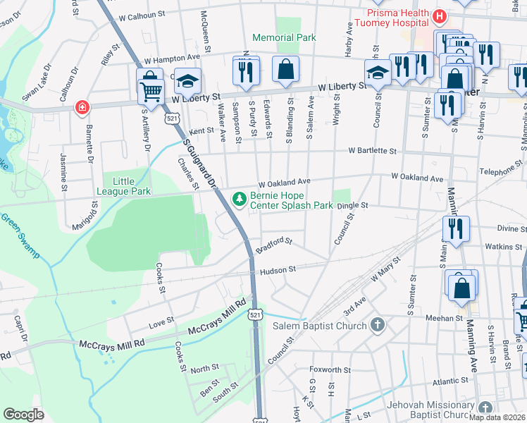 map of restaurants, bars, coffee shops, grocery stores, and more near 211 South Purdy Street in Sumter