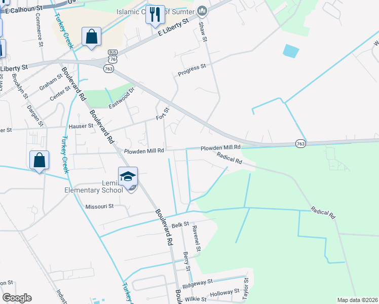 map of restaurants, bars, coffee shops, grocery stores, and more near 122 Plowden Mill Road in Sumter