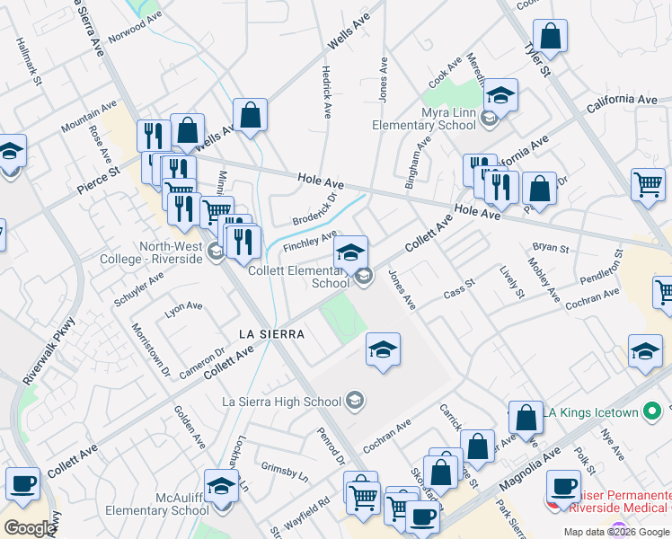 map of restaurants, bars, coffee shops, grocery stores, and more near 4397 Drury Court in Riverside