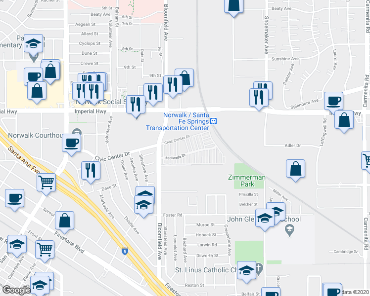 map of restaurants, bars, coffee shops, grocery stores, and more near 12809 Tomahawk Lane in Norwalk