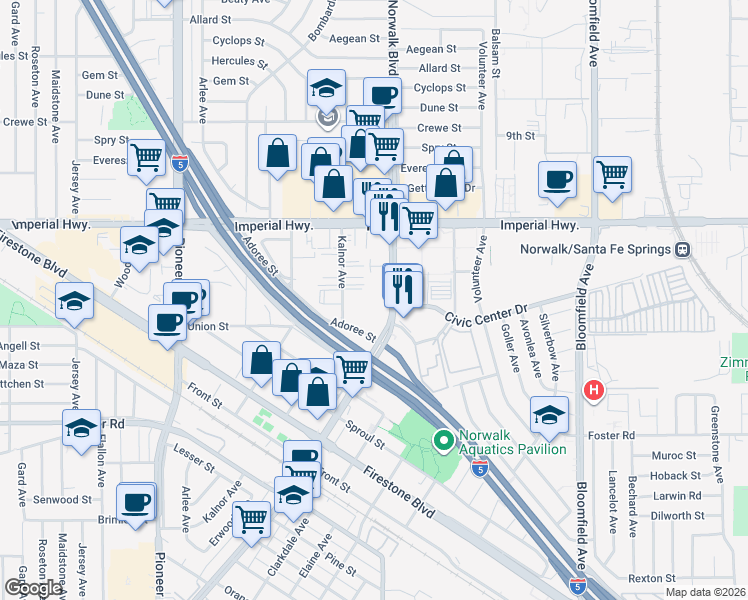 map of restaurants, bars, coffee shops, grocery stores, and more near 12722 Kalnor Avenue in Norwalk