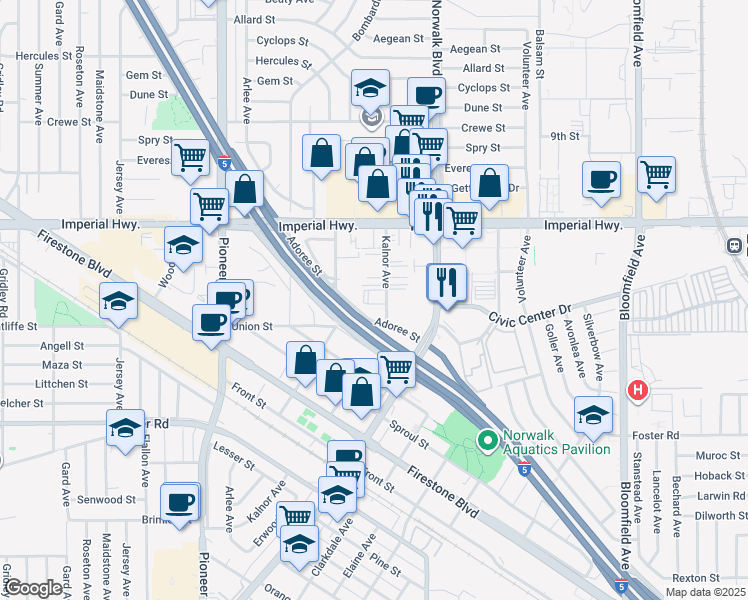 map of restaurants, bars, coffee shops, grocery stores, and more near 12723 Kalnor Avenue in Norwalk