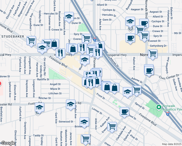 map of restaurants, bars, coffee shops, grocery stores, and more near Unnamed Road in Norwalk