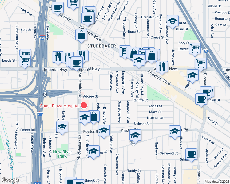 map of restaurants, bars, coffee shops, grocery stores, and more near 12731 Fairford Avenue in Norwalk