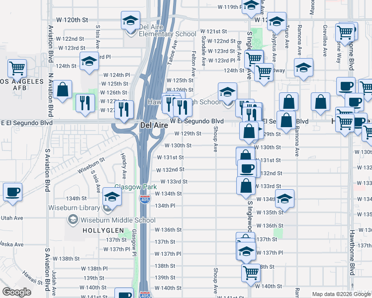 map of restaurants, bars, coffee shops, grocery stores, and more near 5021 West 130th Street in Hawthorne