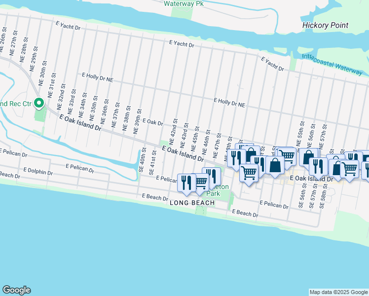map of restaurants, bars, coffee shops, grocery stores, and more near 107 Northeast 43rd Street in Oak Island