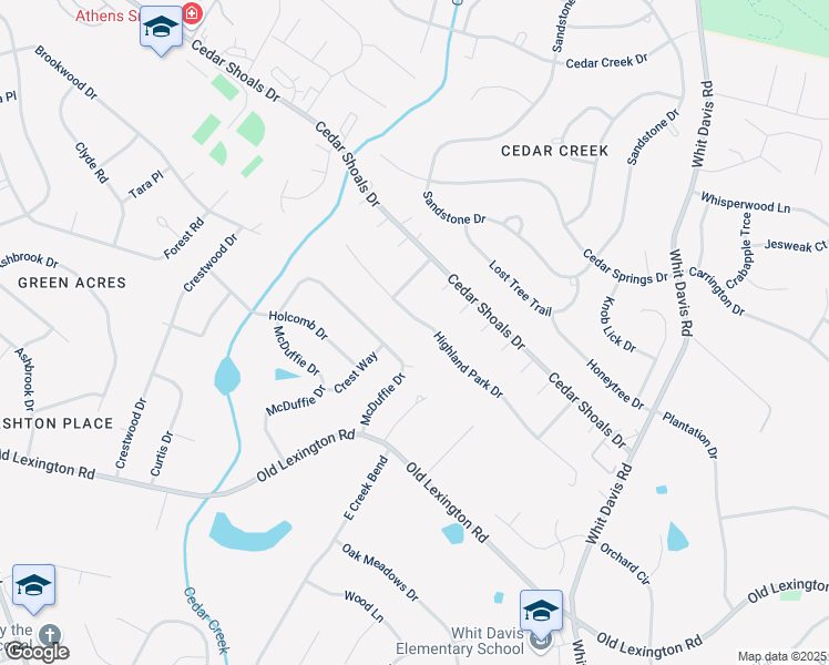 map of restaurants, bars, coffee shops, grocery stores, and more near 172 Highland Park Drive in Athens