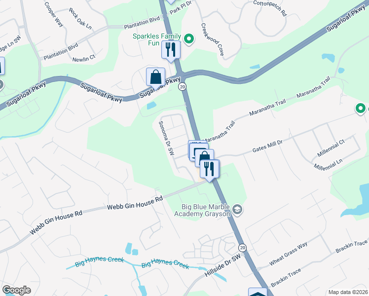 map of restaurants, bars, coffee shops, grocery stores, and more near 811 Sonoma Drive Southwest in Lawrenceville