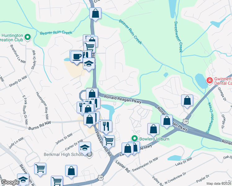 map of restaurants, bars, coffee shops, grocery stores, and more near 792 Ives Way Northwest in Lilburn