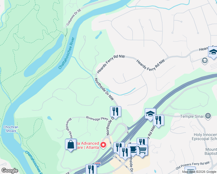 map of restaurants, bars, coffee shops, grocery stores, and more near 120 Cameron Glen Drive Northwest in Atlanta