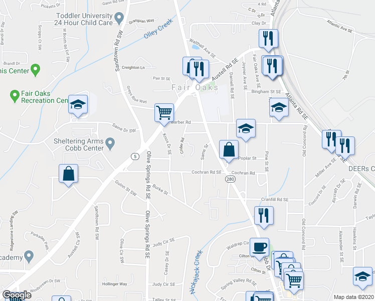 map of restaurants, bars, coffee shops, grocery stores, and more near 1565 Crider Road in Marietta