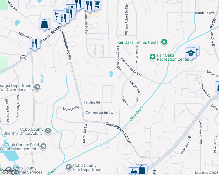 map of restaurants, bars, coffee shops, grocery stores, and more near 1626 Delaware Avenue Southwest in Marietta
