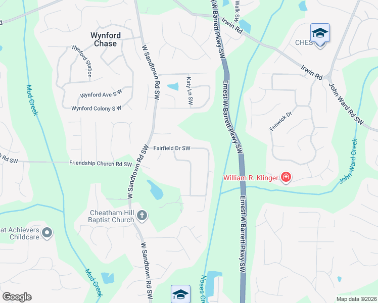 map of restaurants, bars, coffee shops, grocery stores, and more near 2684 Fairfield Drive Southwest in Marietta