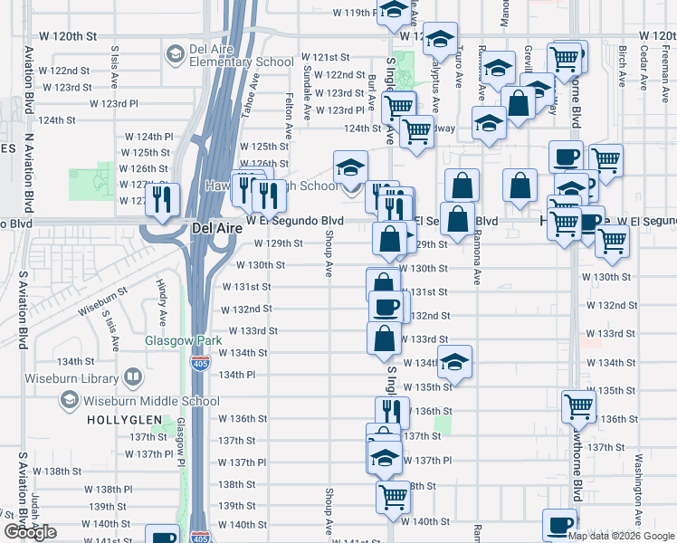 map of restaurants, bars, coffee shops, grocery stores, and more near 4870 West 130th Street in Hawthorne