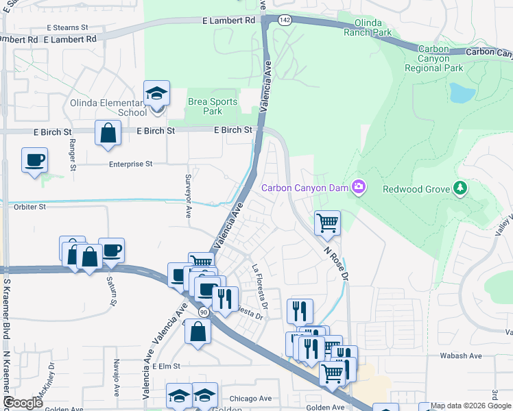 map of restaurants, bars, coffee shops, grocery stores, and more near 3392 Calle del Sol in Brea