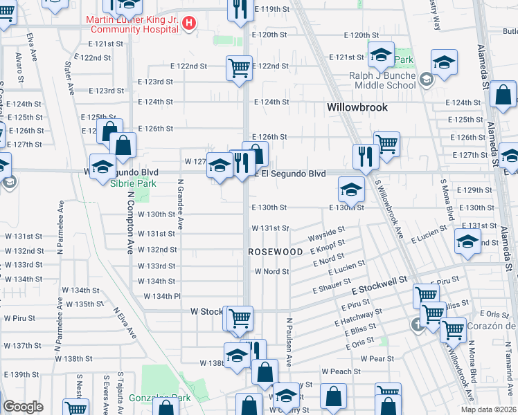 map of restaurants, bars, coffee shops, grocery stores, and more near 1925 East 130th Street in Compton