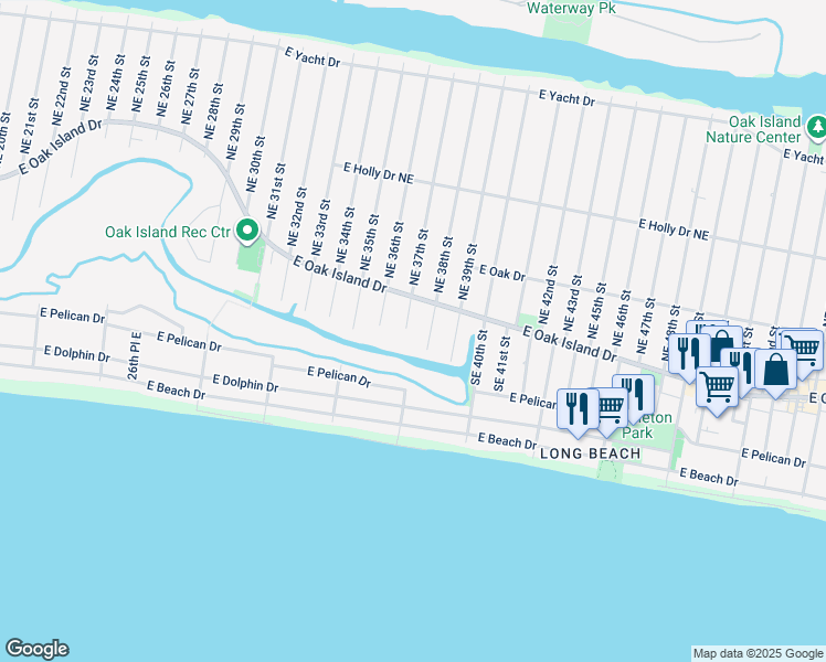 map of restaurants, bars, coffee shops, grocery stores, and more near 102 Southeast 37th Street in Oak Island