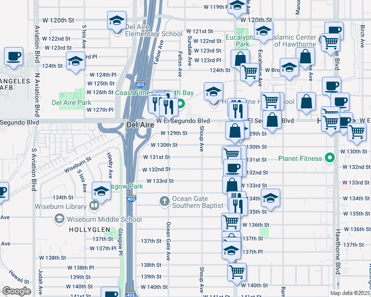 map of restaurants, bars, coffee shops, grocery stores, and more near 4942 West 130th Street in Hawthorne