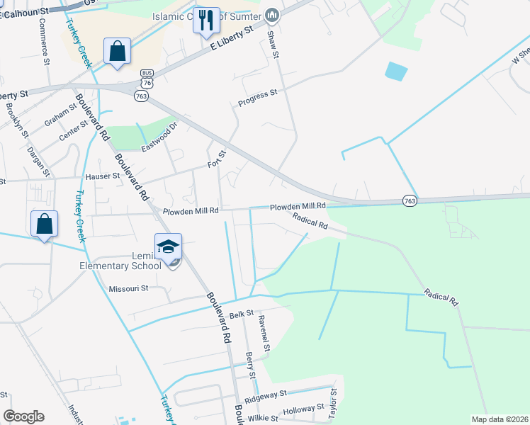 map of restaurants, bars, coffee shops, grocery stores, and more near 122 Plowden Mill Road in Sumter