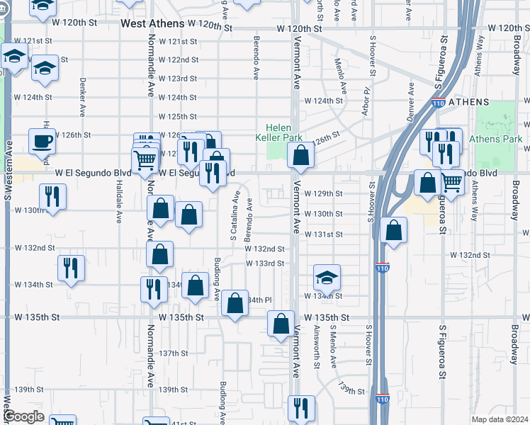 map of restaurants, bars, coffee shops, grocery stores, and more near 1049 West 130th Street in Gardena