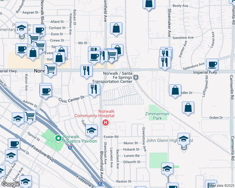 map of restaurants, bars, coffee shops, grocery stores, and more near 12807 Coyote Lane in Norwalk