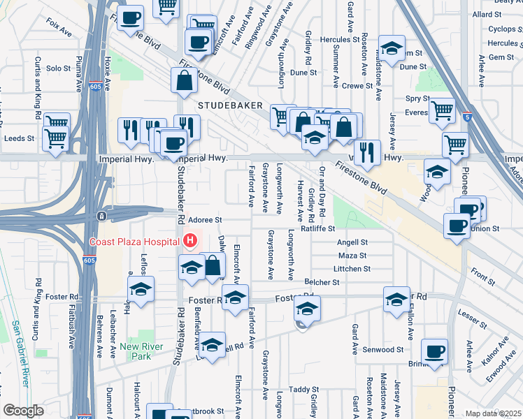 map of restaurants, bars, coffee shops, grocery stores, and more near 12731 Fairford Avenue in Norwalk