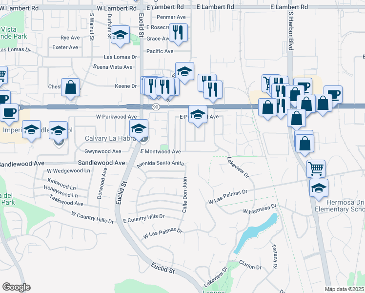 map of restaurants, bars, coffee shops, grocery stores, and more near 1371 Ironwood Street in La Habra