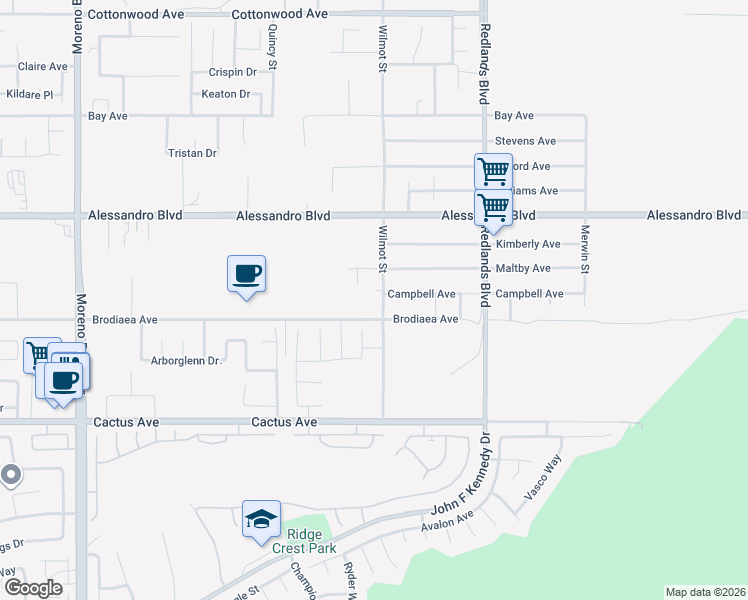 map of restaurants, bars, coffee shops, grocery stores, and more near 14191 Wilmot Street in Moreno Valley