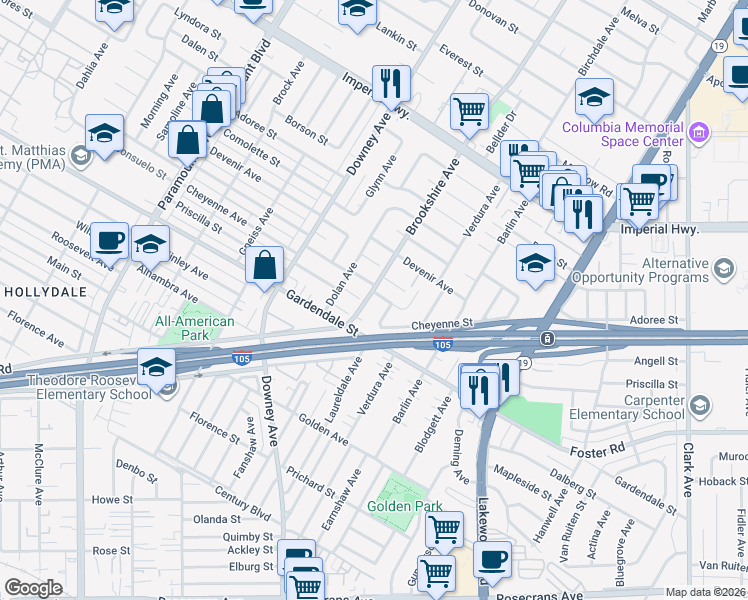map of restaurants, bars, coffee shops, grocery stores, and more near 8503 Puritan Street in Downey