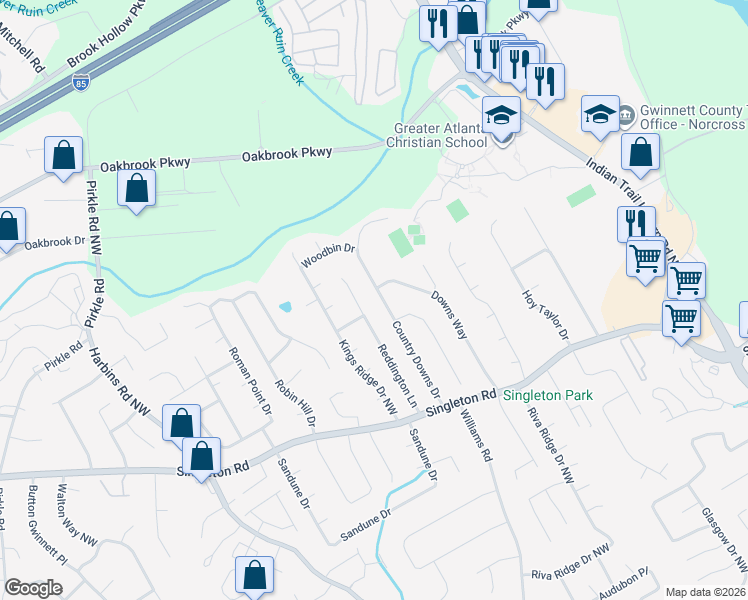 map of restaurants, bars, coffee shops, grocery stores, and more near 1461 Country Downs Drive in Norcross
