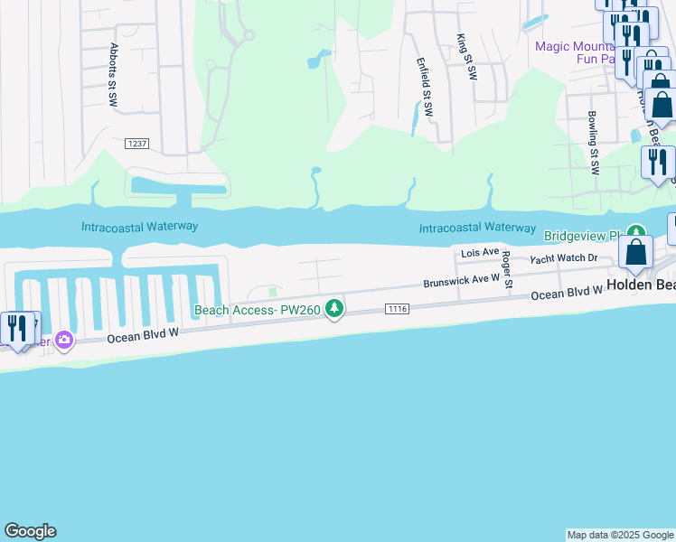 map of restaurants, bars, coffee shops, grocery stores, and more near 298 Sand Piper Lane in Holden Beach